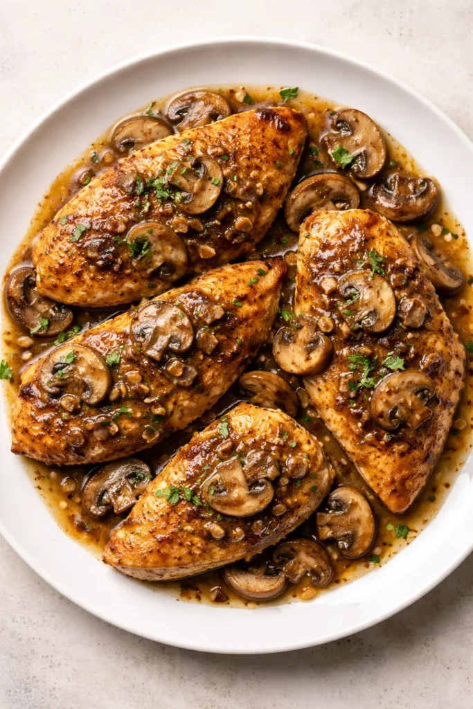 Golden chicken with Marsala mushroom sauce on plate