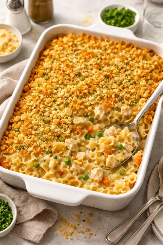 10 Chicken Casseroles the Whole Family Loves 4 Chicken Noodle Casserole in a baking dish with a golden cracker topping