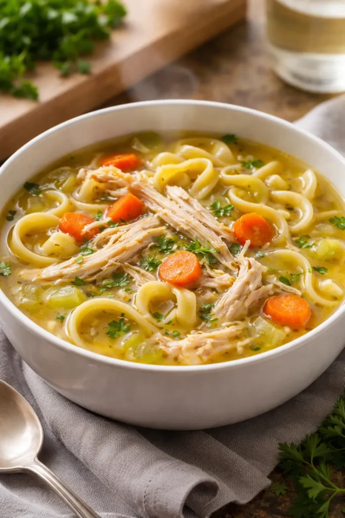 Chicken noodle soup with egg noodles in clear golden broth