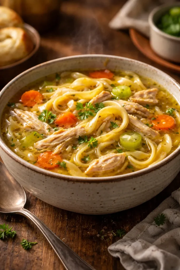 8 Rainy Day Recipes for Cozy Comfort 1 Steaming bowl of chicken noodle soup with golden broth and noodles
