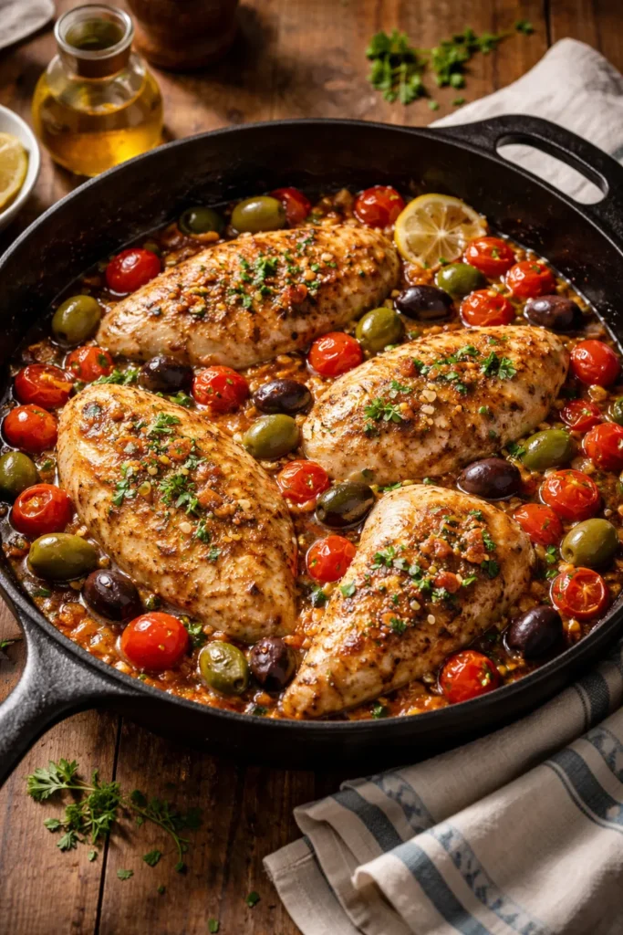 8 Mediterranean Dinner Recipes for Weeknights 4 Chicken in skillet with tomatoes and olives in bright sauce