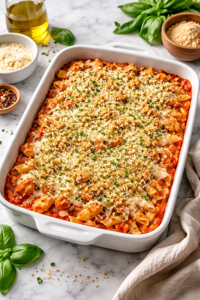 12 Dump and Bake Casseroles With No Fuss 3 Chicken Parmesan casserole with pasta, marinara, and melted mozzarella in a baking dish