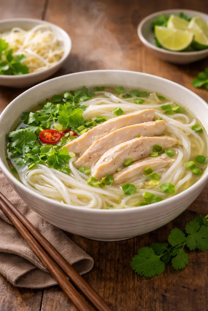 Steaming chicken pho with sliced chicken and herbs in a ceramic bowl.