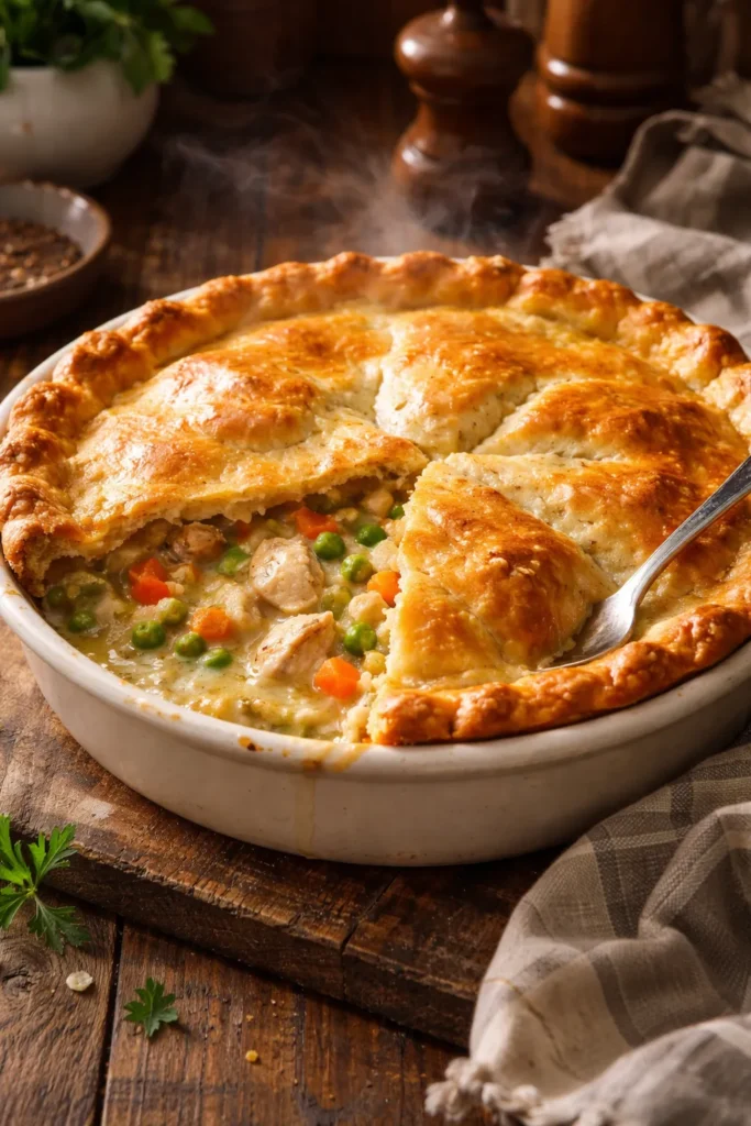 12 Classic American Dinners Everyone Loves 6 Chicken pot pie with flaky crust on a wooden table