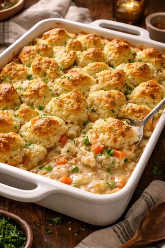 10 Chicken Casseroles the Whole Family Loves 3 Chicken Pot Pie Casserole with biscuit topping in a baking dish