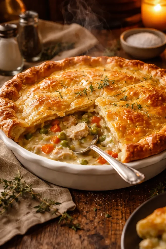 8 Comfort Food Recipes for a Cozy Night In 6 Gold flaky crust chicken pot pie with creamy filling at edge