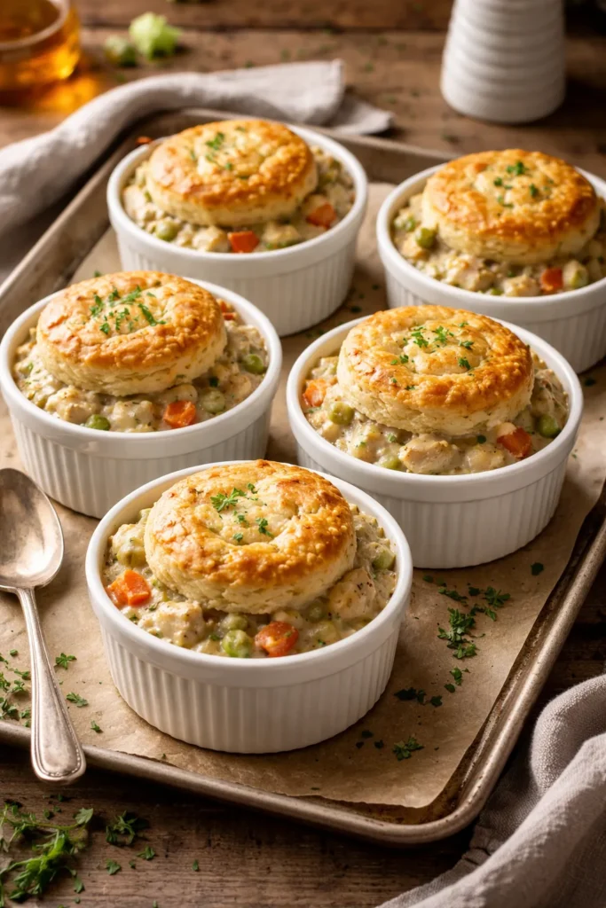 10 Chicken and Biscuit Dinners for Cozy Nights 7 Close-up of individual chicken and biscuit ramekins baked to golden brown on parchment-lined sheet
