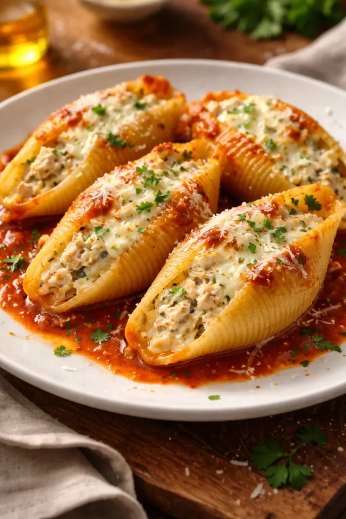 10 Stuffed Pasta Shell Recipes for Dinner 7 Close-up of chicken and ricotta stuffed shells on a plate with melted cheese
