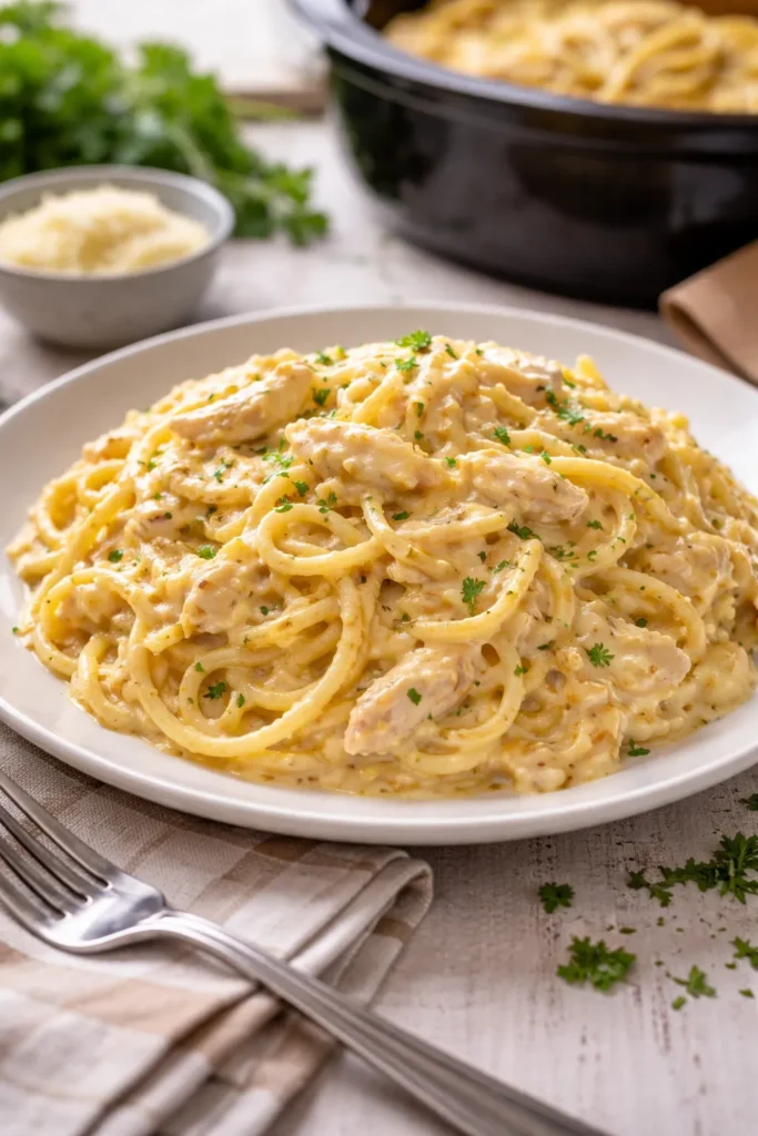 10 Easy Dinner Recipes for a Big Crowd 5 Creamy chicken spaghetti plated on a dish
