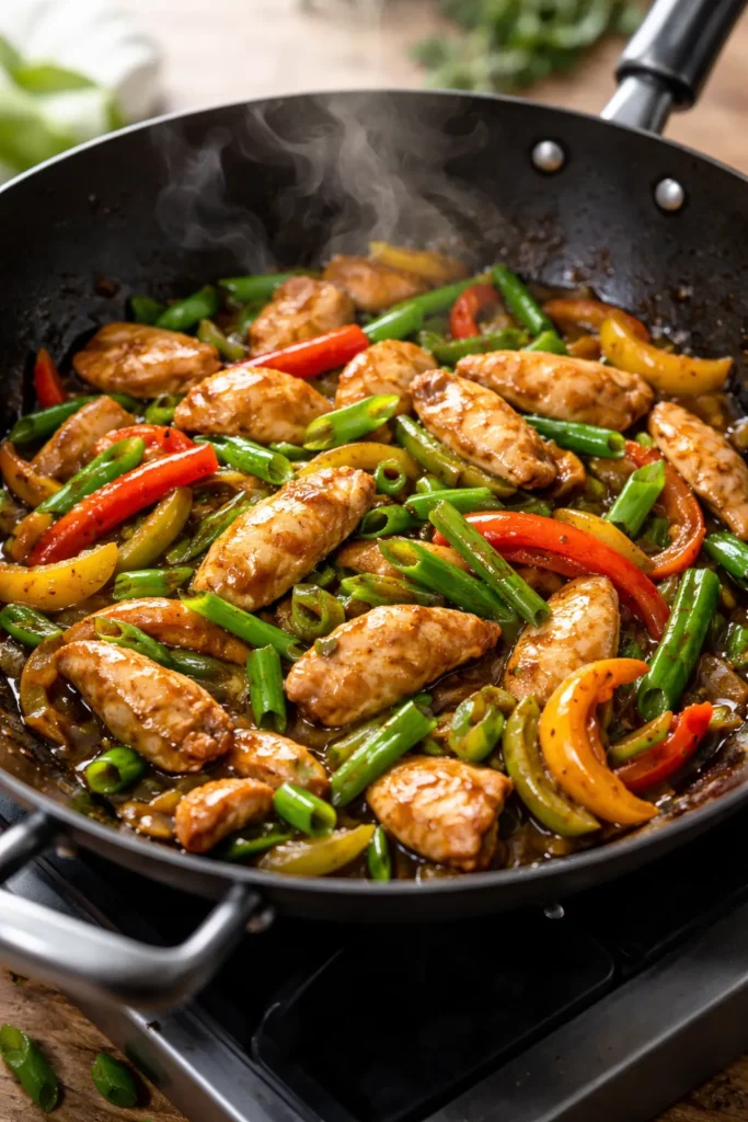 Colorful chicken stir-fry with ginger and scallions in a wok
