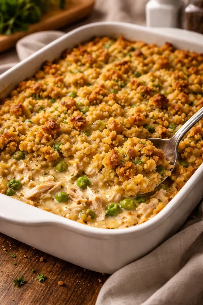 12 Dump and Bake Casseroles With No Fuss 9 Creamy chicken and stuffing casserole in a baking dish