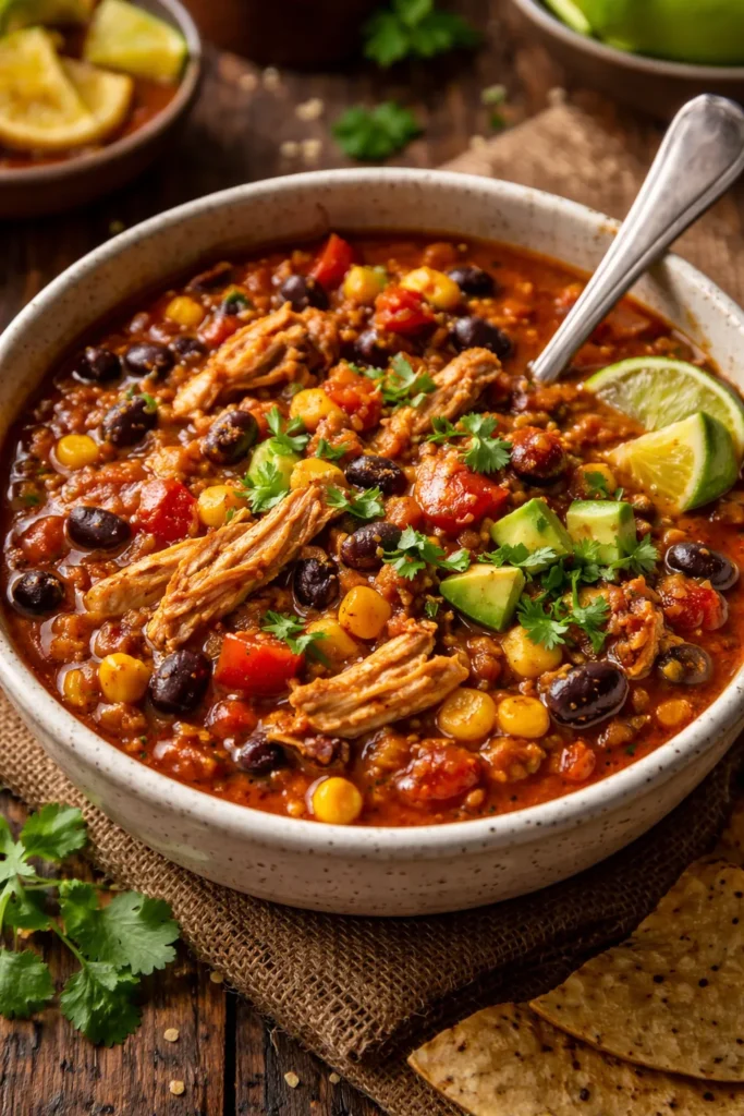 Bowl of chicken taco chili with beans and corn
