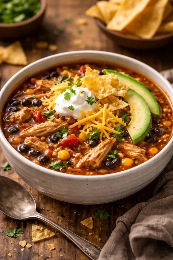 Close-up of chicken taco soup in a bowl with toppings