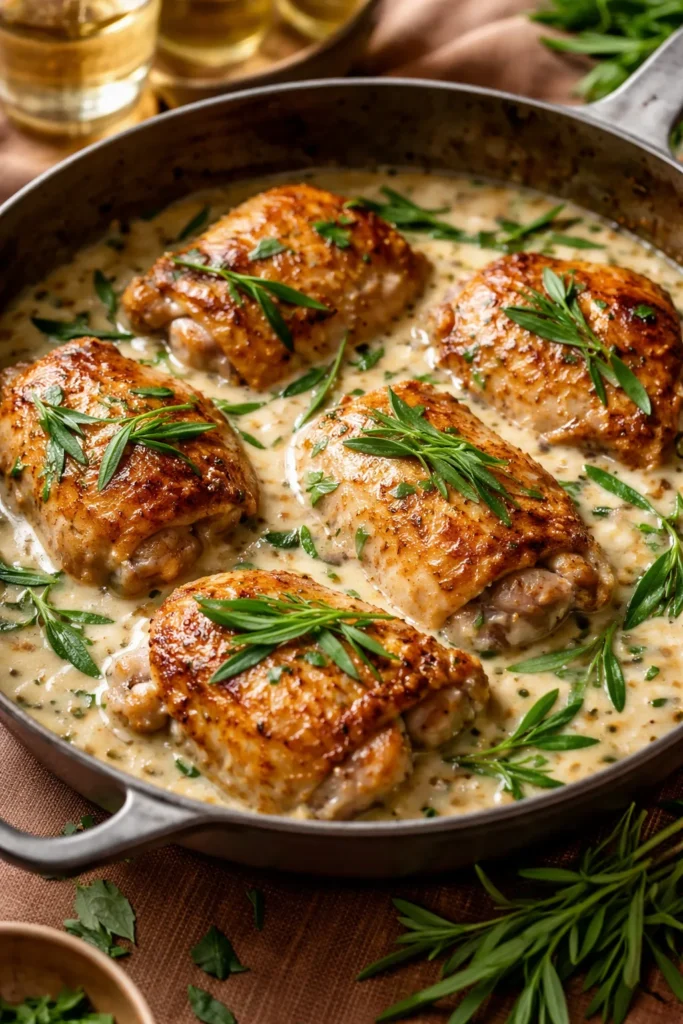 Close-up of golden chicken thighs in creamy white wine tarragon sauce with fresh tarragon.
