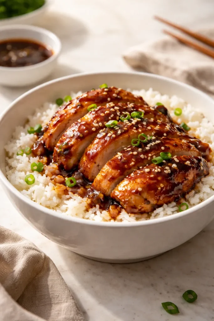 Close-up of glossy teriyaki chicken on white rice in a bowl