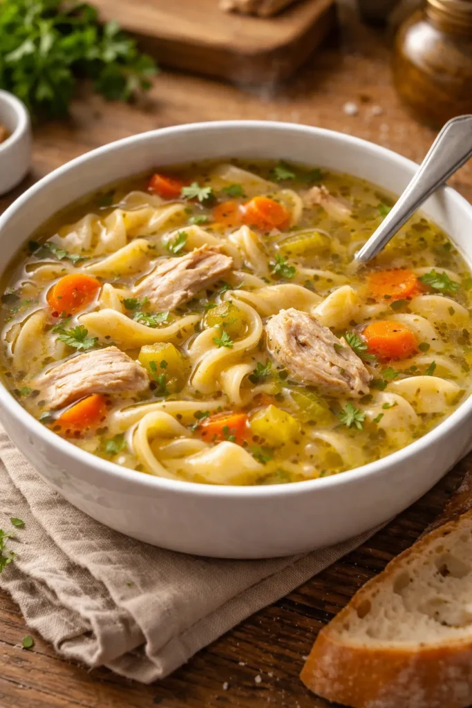 10 Homemade Soup Recipes for Any Season 3 Steaming bowl of classic chicken noodle soup with shredded chicken and noodles