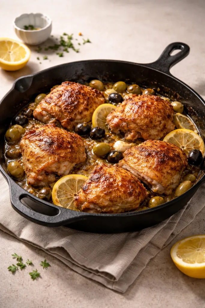 Crispy-skinned chicken thighs with olives and lemon in a skillet
