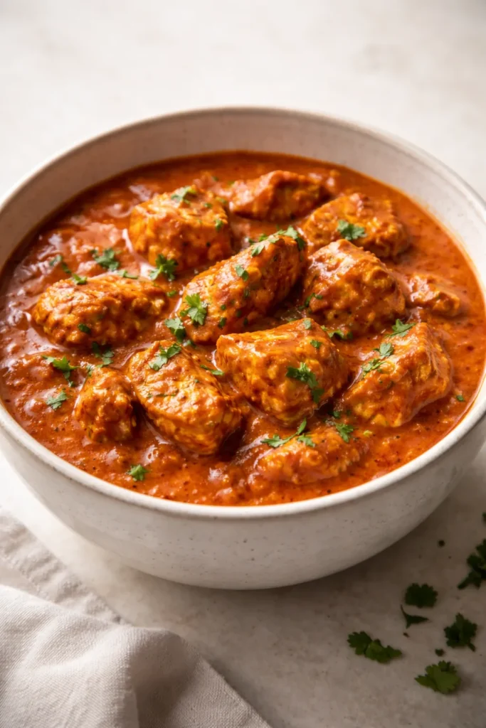10 Pressure Cooker Recipes for Beginners 1 Close-up bowl of pressure cooker chicken tikka masala with creamy orange-red sauce