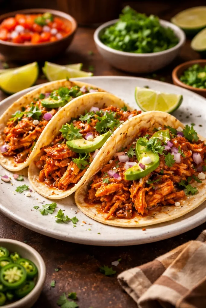 12 Mexican Dinner Recipes for Taco Night 4 Chicken Tinga Tacos with shredded chicken in chipotle-tomato sauce on tortillas.
