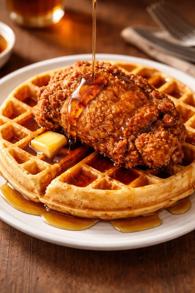 Crispy fried chicken on a fluffy waffle with syrup
