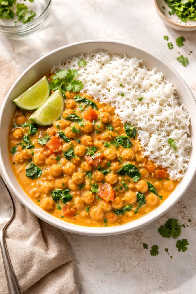 Chickpea curry with basmati rice in a bowl