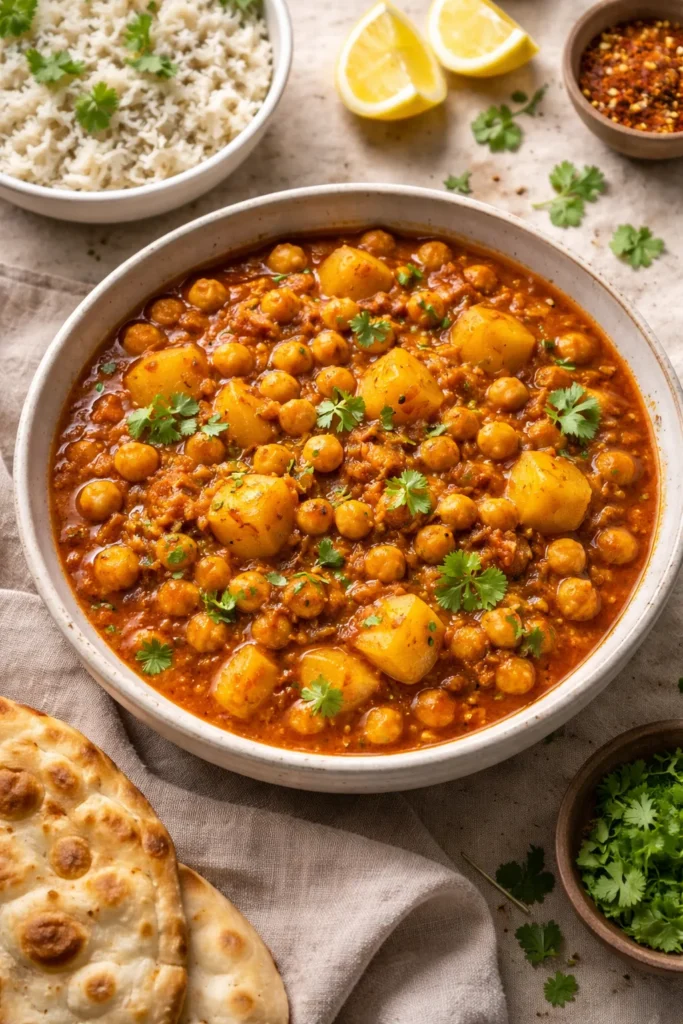 Close-up of chickpea and potato curry in a bowl with tomato-onion-spice sauce.