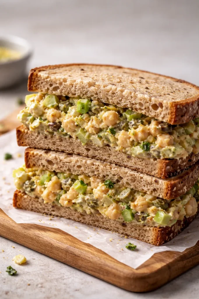 Cross-section of smashed chickpea salad sandwich with creamy filling