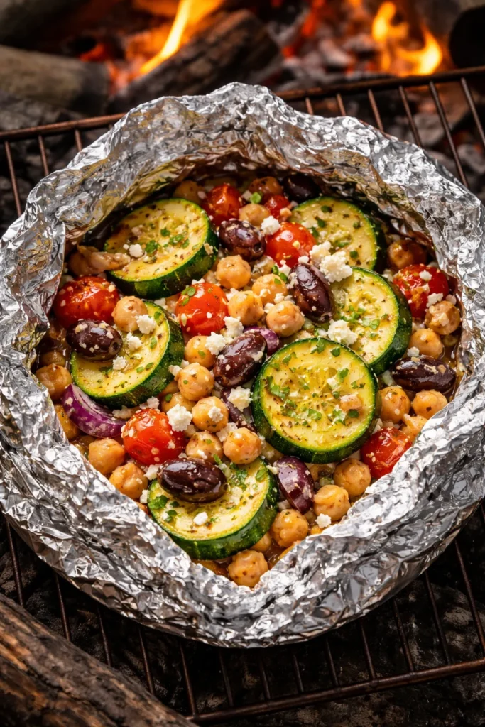 Foil packet opened showing chickpeas, zucchini, tomatoes, olives and feta