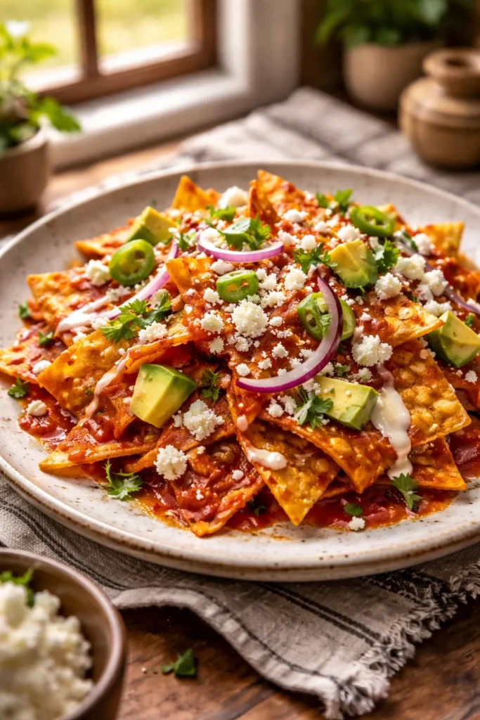 10 Mexican Dishes Worth Making From Scratch 7 Close-up of chilaquiles with red salsa, cheese, and crema on a plate