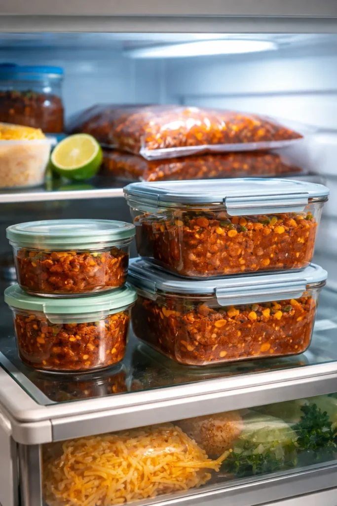 Chili stored in clear glass containers in the fridge