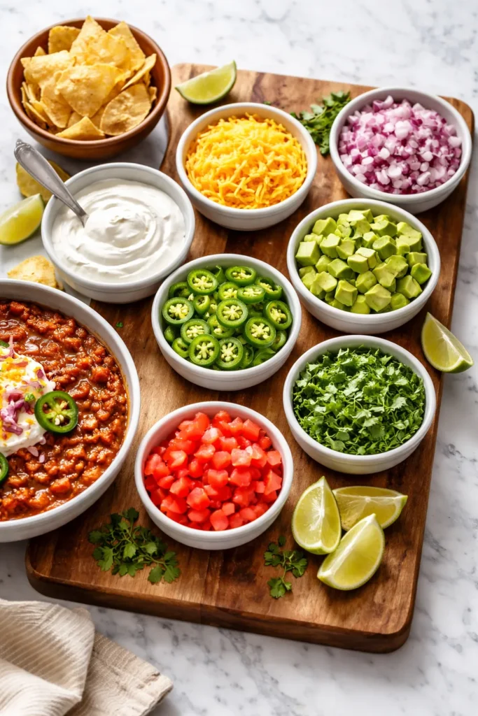 Top-down view of a chili topping bar with sour cream, cheese, jalapeños, onions, avocado, and cilantro.