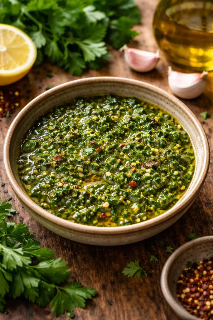 10 Homemade Sauce Recipes for Any Meal 1 Close-up of vibrant chimichurri in a rustic bowl with visible herbs