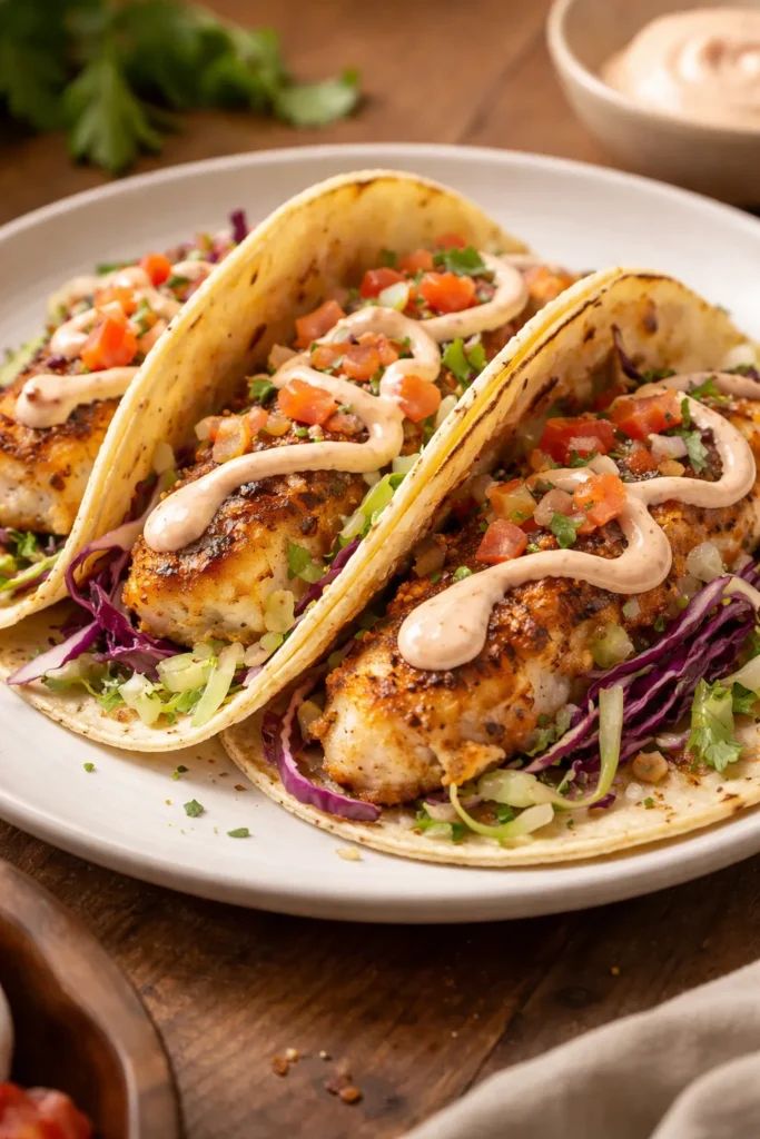 8 Easy Fish Taco Recipes for Taco Night 10 Two fish tacos with chipotle crema on plate