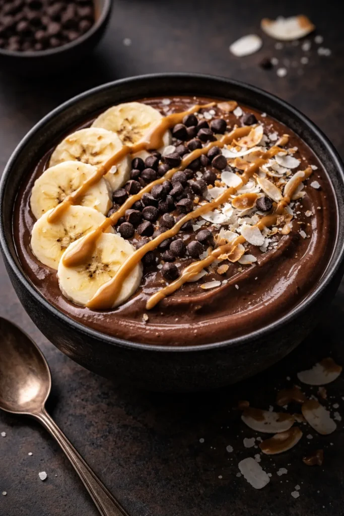 8 High Protein Smoothie Bowl Recipes 8 Creamy chocolate avocado smoothie bowl with banana slices and chocolate chips.