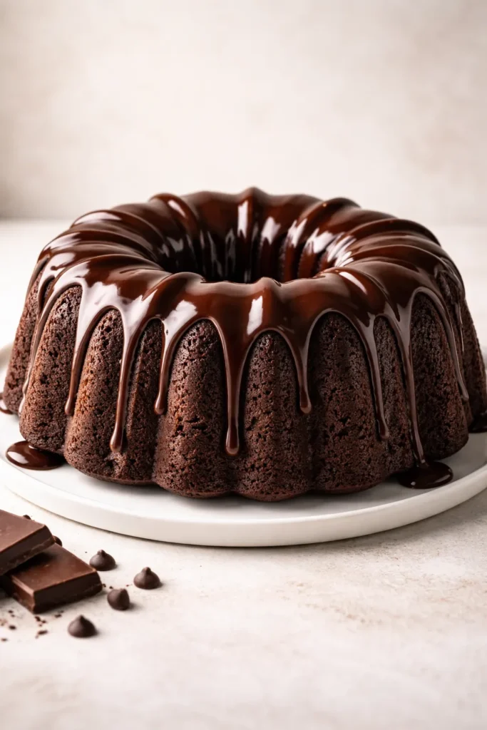 10 Beautiful Bundt Cakes for Beginners 3 Chocolate Bundt cake with ganache drizzle on neutral background