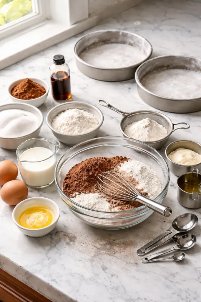 The Only Chocolate Cake Recipe You Need 7 Chocolate cake prep scene with greased pans and baking tools on marble counter