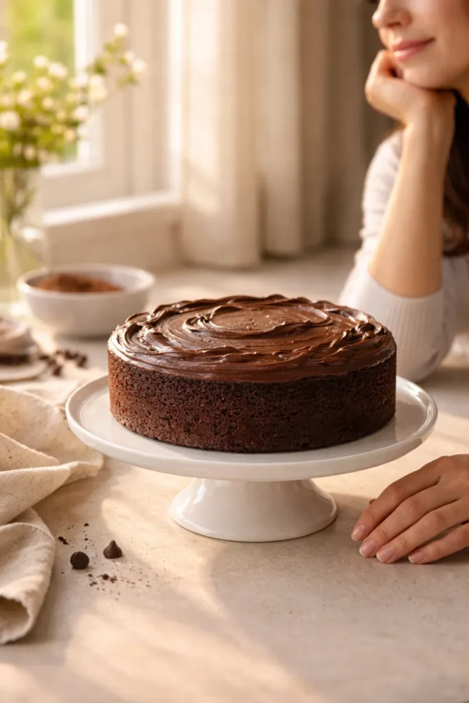 Easiest One Bowl Chocolate Cake For Beginners 13 Chocolate cake on a white stand with a resting hand in warm kitchen light