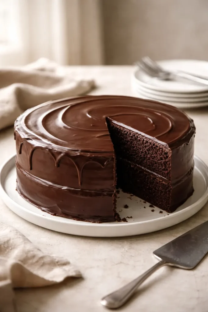 Rich Chocolate Ganache Cake for Birthdays 6 Finished chocolate ganache cake on a platter ready to serve