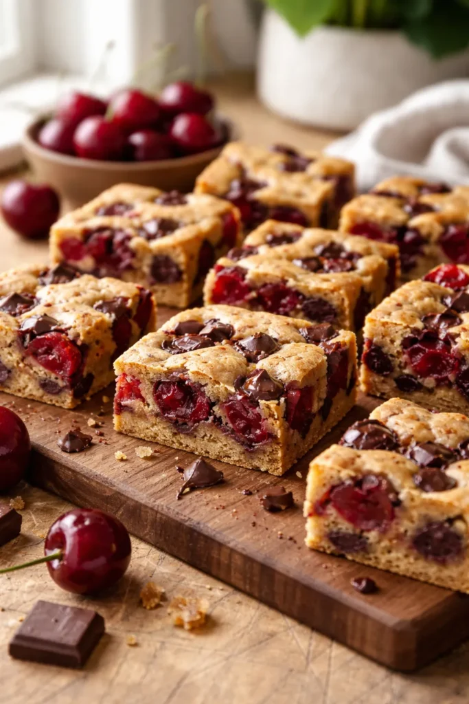 10 Easy Chocolate Cherry Desserts for Cravings 7 Close-up of chewy Chocolate Cherry Bars with cherries and dark chocolate chips on a rustic wooden board