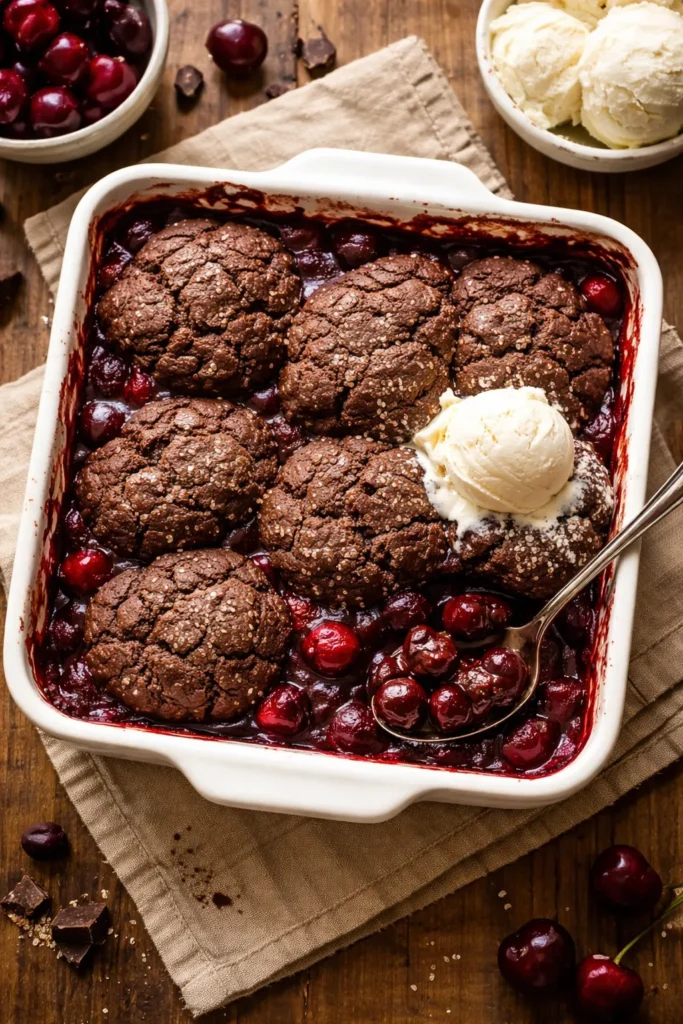 10 Easy Chocolate Cherry Desserts for Cravings 6 Square baking dish with chocolate cherry cobbler and visible biscuit topping