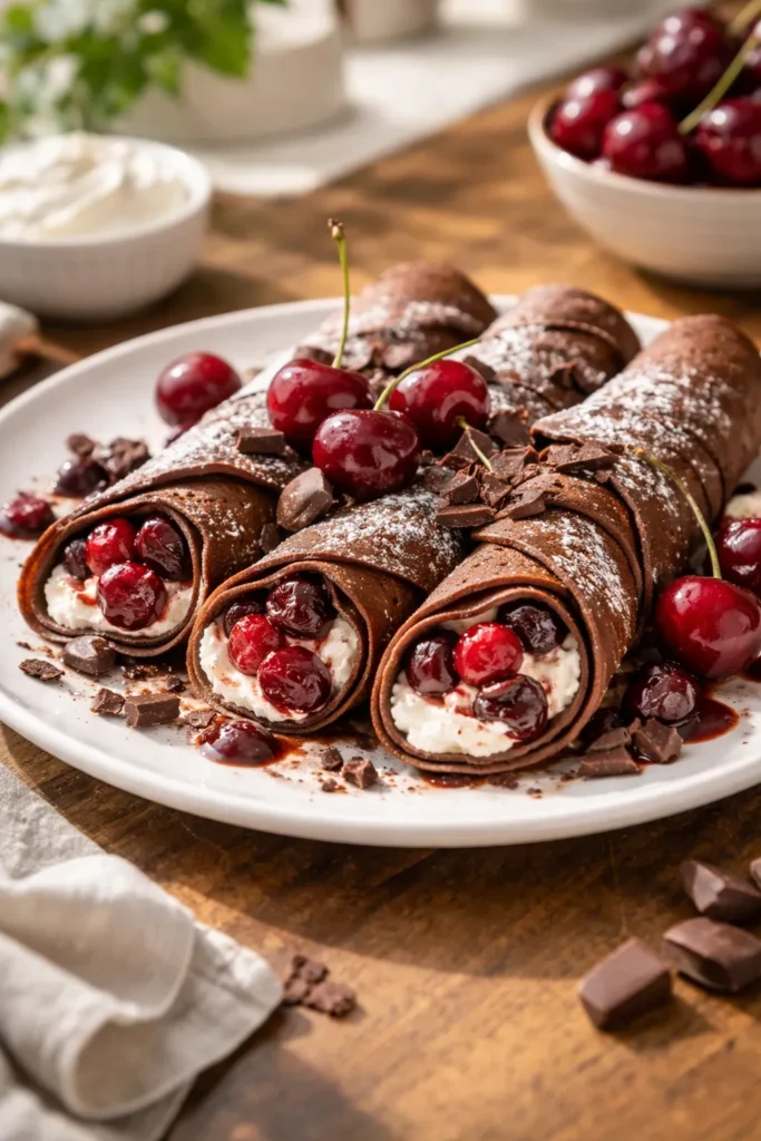 10 Easy Chocolate Cherry Desserts for Cravings 4 Close-up of crepes filled with cherries and whipped cream on a plate
