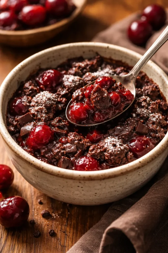 10 Easy Chocolate Cherry Desserts for Cravings 3 Close-up of a rustic bowl of chocolate cherry muddy buddies with chocolate and cherry pieces