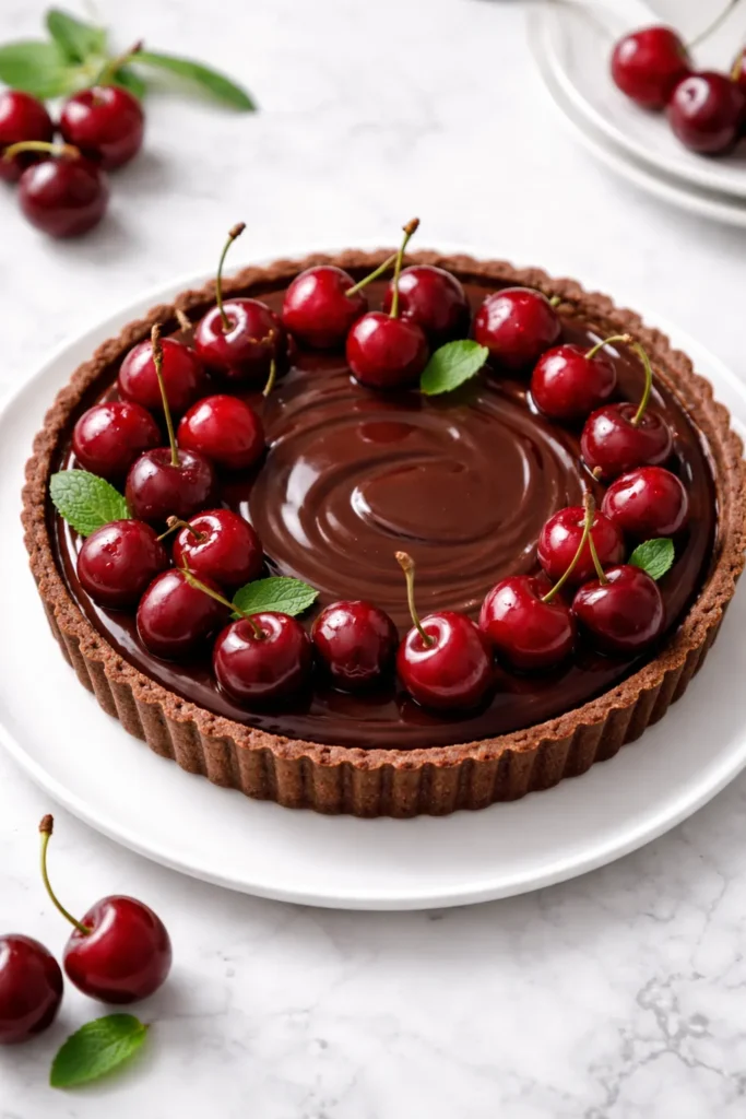 10 Easy Chocolate Cherry Desserts for Cravings 8 Close-up of Chocolate-Cherry Tart on a white plate with cherries and glossy chocolate topping