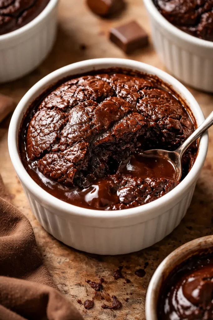 8 Easy Chocolate Dessert Recipes to Try 4 Chocolate cobbler in a ramekin with a glossy top and sauce at the edges.