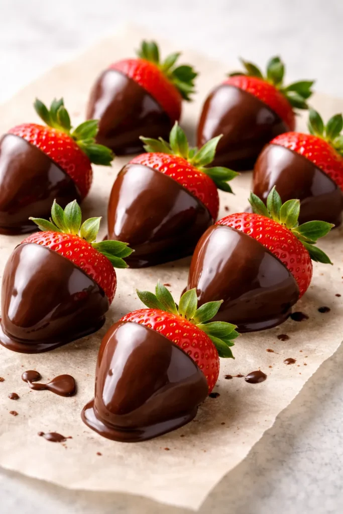 8 Quick Desserts When You Want Something Sweet 5 Glossy chocolate-covered strawberries on parchment.