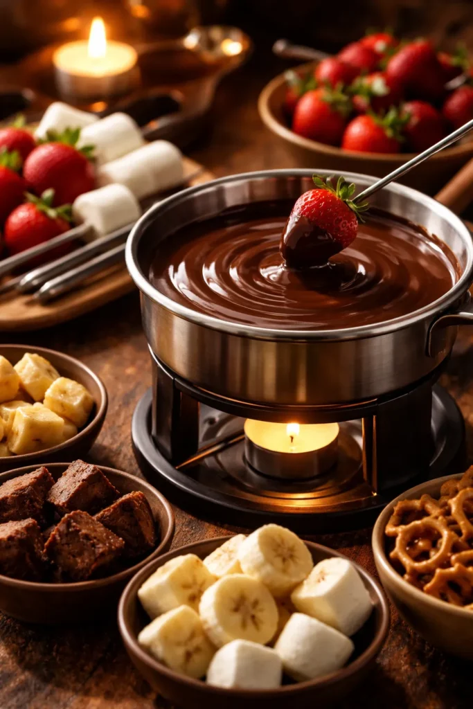8 Easy Chocolate Dessert Recipes to Try 9 Chocolate fondue with dipping skewers and fruits