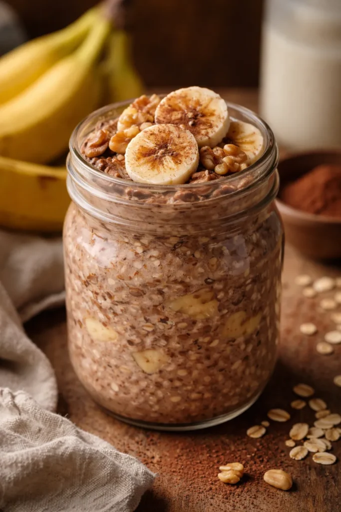 Jar of chocolate banana bread overnight oats with banana and cocoa