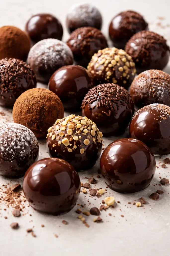 15 Fool Proof Dessert Recipes for Bad Bakers 9 Glossy dark chocolate truffles on a neutral surface