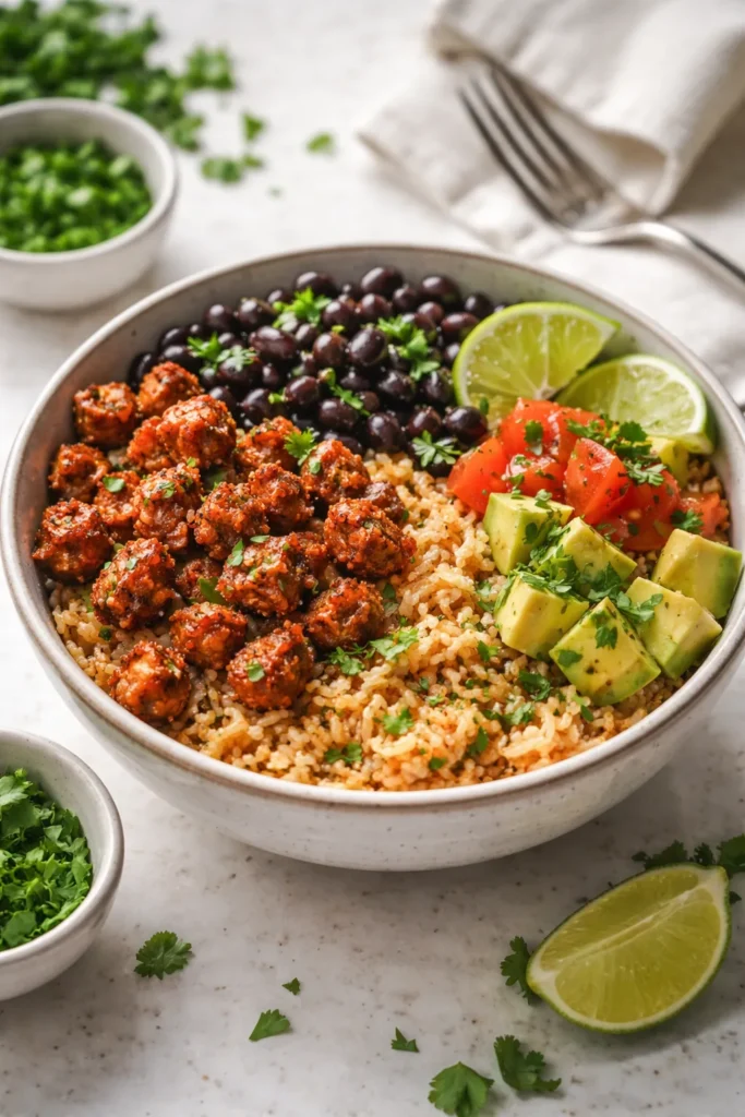 Close-up of a chorizo rice bowl with black beans and rice