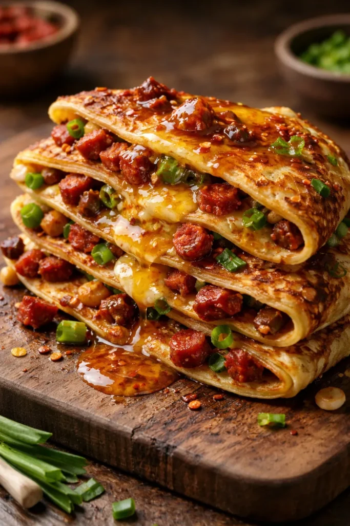 8 Savory Pancake Recipes for a Weekend Brunch 7 Stack of chorizo and scallion pancakes with melting chilli butter